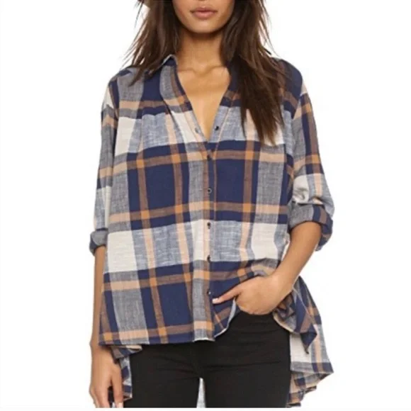 Free People | Peppy Plaid Oversized Button Down Tunic Sz M - Picture 5 of 10